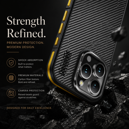 A close-up shows the corner of a black diagonally woven phone case tilted onto rough black rocks. Yellow side accents and a raised silver-colored three-lens camera surround catch the light, with small fragments floating nearby. At left, 'Strength Refined' appears above three feature icons.