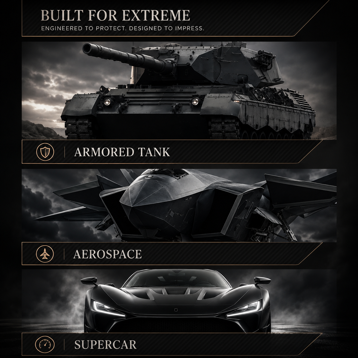 A dark three-panel infographic headed 'Built for Extreme' shows a military tank in the upper panel, a dark angular aircraft in the middle, and the front of a low black sports car below. Gold divider lines and labels identify 'Armored Tank,' 'Aerospace,' and 'Supercar.'