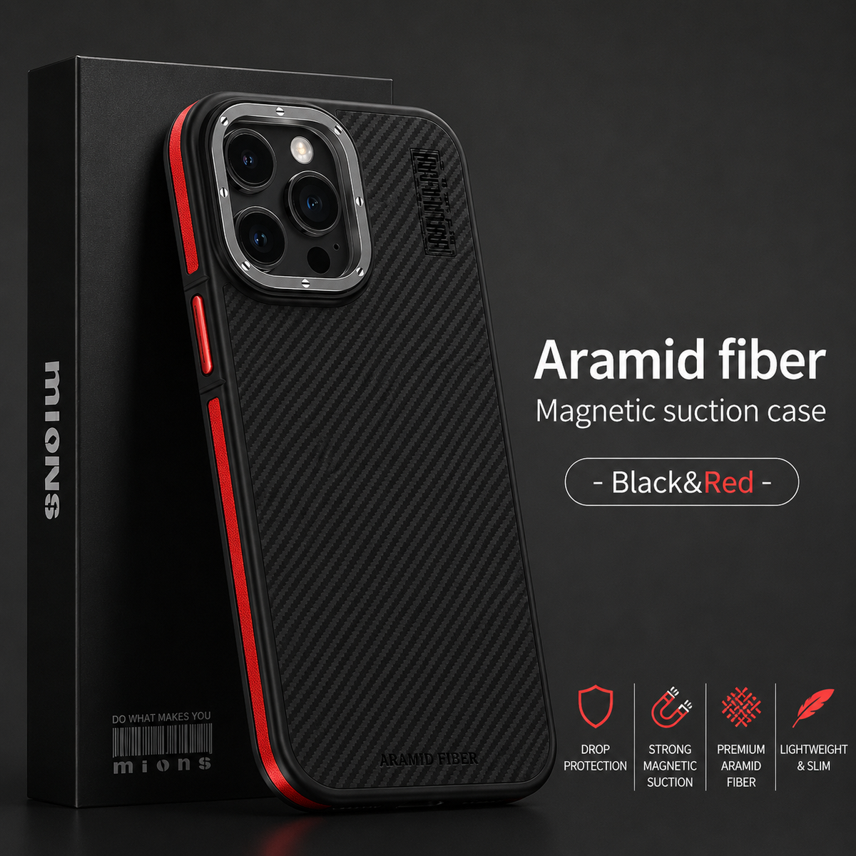 A black woven phone case with red side accents stands beside a tall black retail box against a charcoal background. Its raised silver-colored camera surround contains three lenses. Text at right reads 'Aramid Fiber' and 'Magnetic Suction Case,' with a 'Black & Red' label and four small feature icons below.