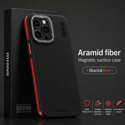 A black woven phone case with red side accents stands beside a tall black retail box against a charcoal background. Its raised silver-colored camera surround contains three lenses. Text at right reads 'Aramid Fiber' and 'Magnetic Suction Case,' with a 'Black & Red' label and four small feature icons below.