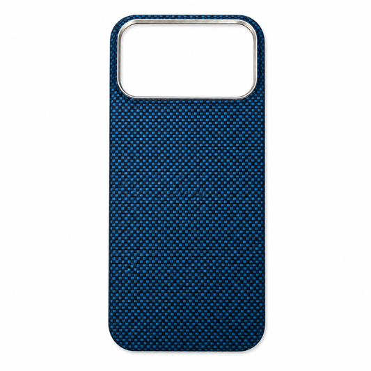 A blue fine-woven phone case stands upright on white, showing a blue and black grid-like pattern and a wide rectangular camera opening with silver-colored trim.