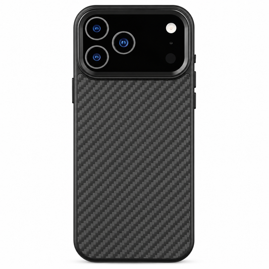 A black diagonally woven-patterned case stands rear-facing on white with a wide black camera panel and dark raised border.