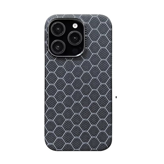 A black and gray case with a repeating hexagonal honeycomb pattern stands upright on white. Smooth dark borders surround the three camera lenses and rounded outer corners.