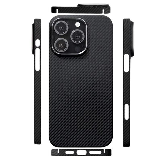 A rear view of a black diagonal-weave case is surrounded by separate top, bottom and side profile views on white. Circular camera borders sit above the patterned back; the narrow edges expose buttons and charging openings.