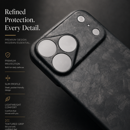 A close-up of the matte black shard-patterned case shows separate circular camera openings and a raised surround. Text advertises protection, a slim profile, lightweight comfort and textured grip.