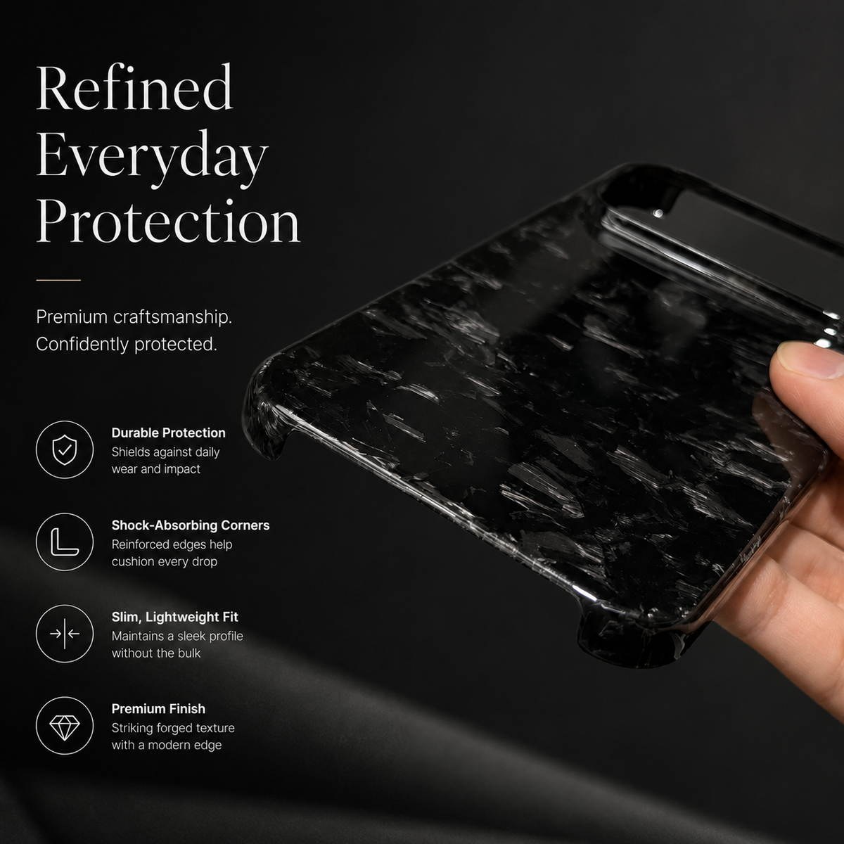 A hand tilts a glossy black shard-patterned case to reveal its bottom corners and open edge sections. Text advertises durable protection, shock-absorbing corners and a slim lightweight fit.