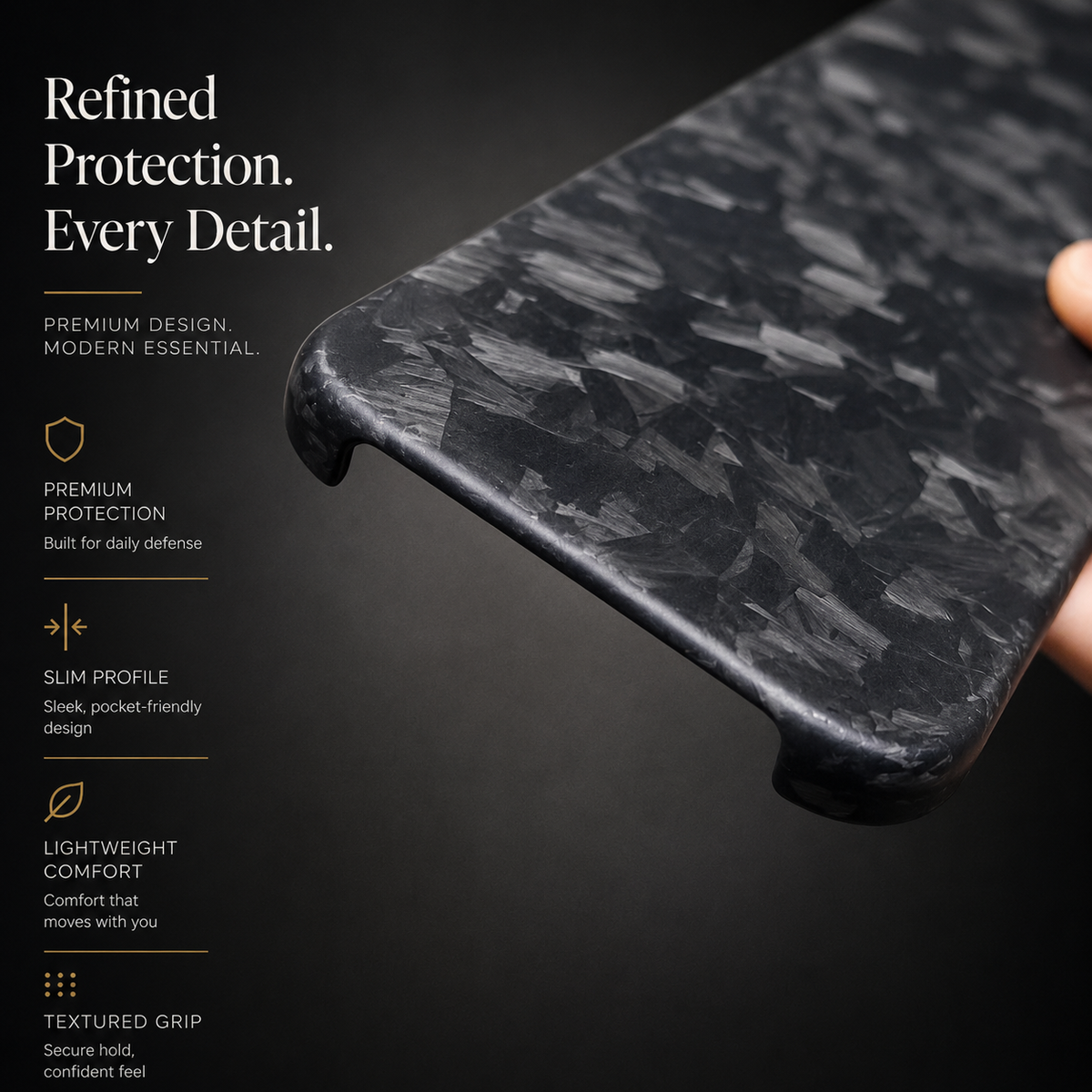 A close-up shows the matte black shard-patterned case's bottom corners and edge openings. Text advertises protection, a slim profile, lightweight comfort and textured grip.