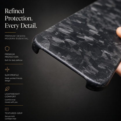 A close-up shows the matte black shard-patterned case's bottom corners and edge openings. Text advertises protection, a slim profile, lightweight comfort and textured grip.