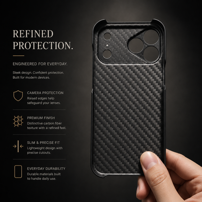 A hand holds the interior of a black case, showing diagonal weave and individual camera openings. Text advertises camera protection, a refined finish, slim fit and durability.