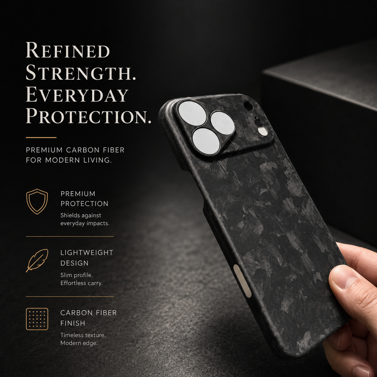 A hand tilts a matte black shard-patterned case, showing its broad camera panel and side opening. Text advertises protection, light weight and a carbon-fiber finish.