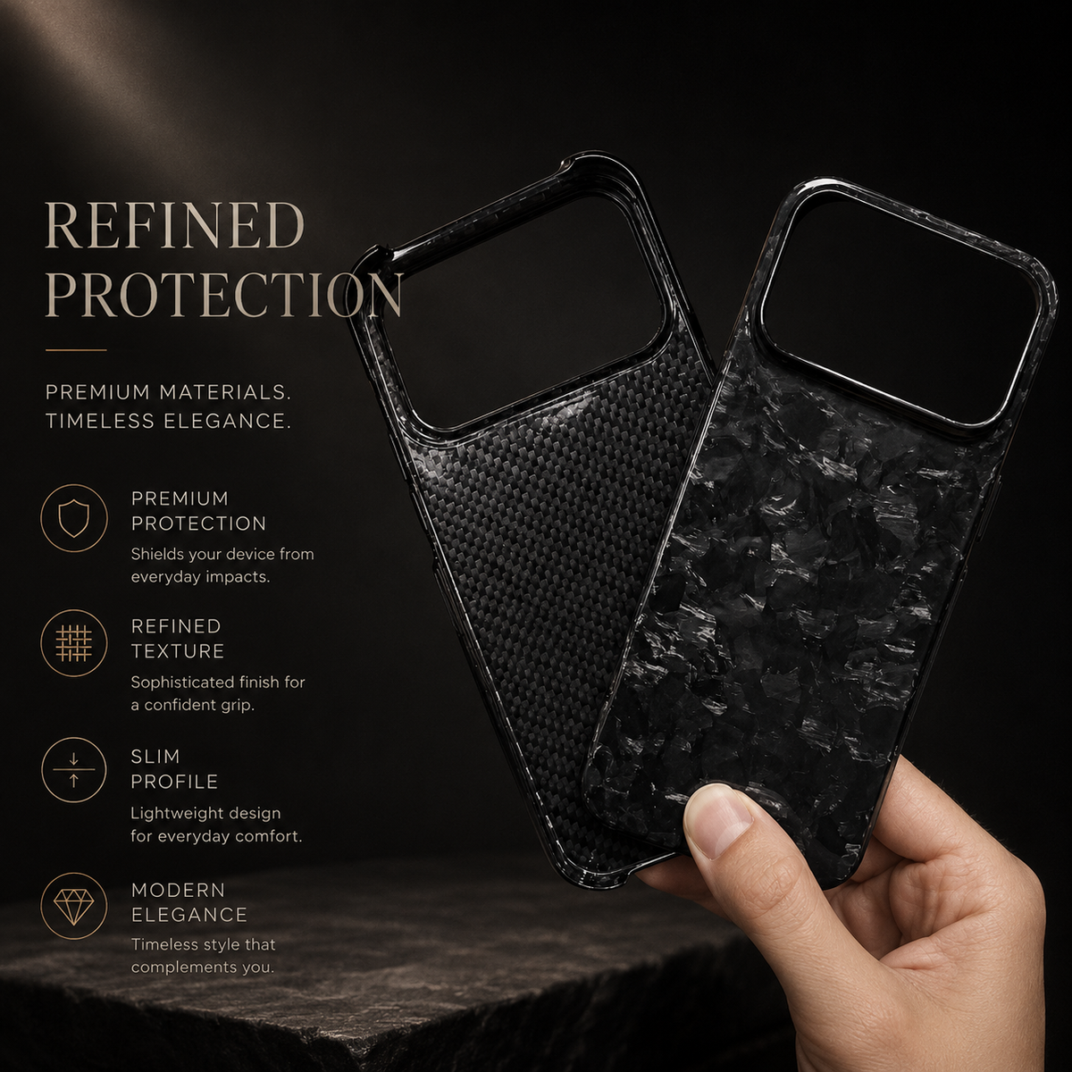 A hand holds two black cases together, one with diagonal weave and one with glossy shard-like patches. Both have wide camera openings; text advertises protection, texture and a slim profile.