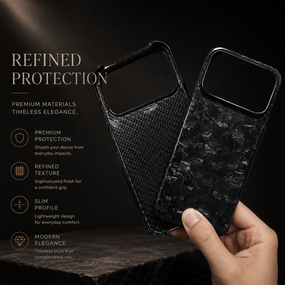A hand holds two black cases together, one with diagonal weave and one with glossy shard-like patches. Both have wide camera openings; text advertises protection, texture and a slim profile.