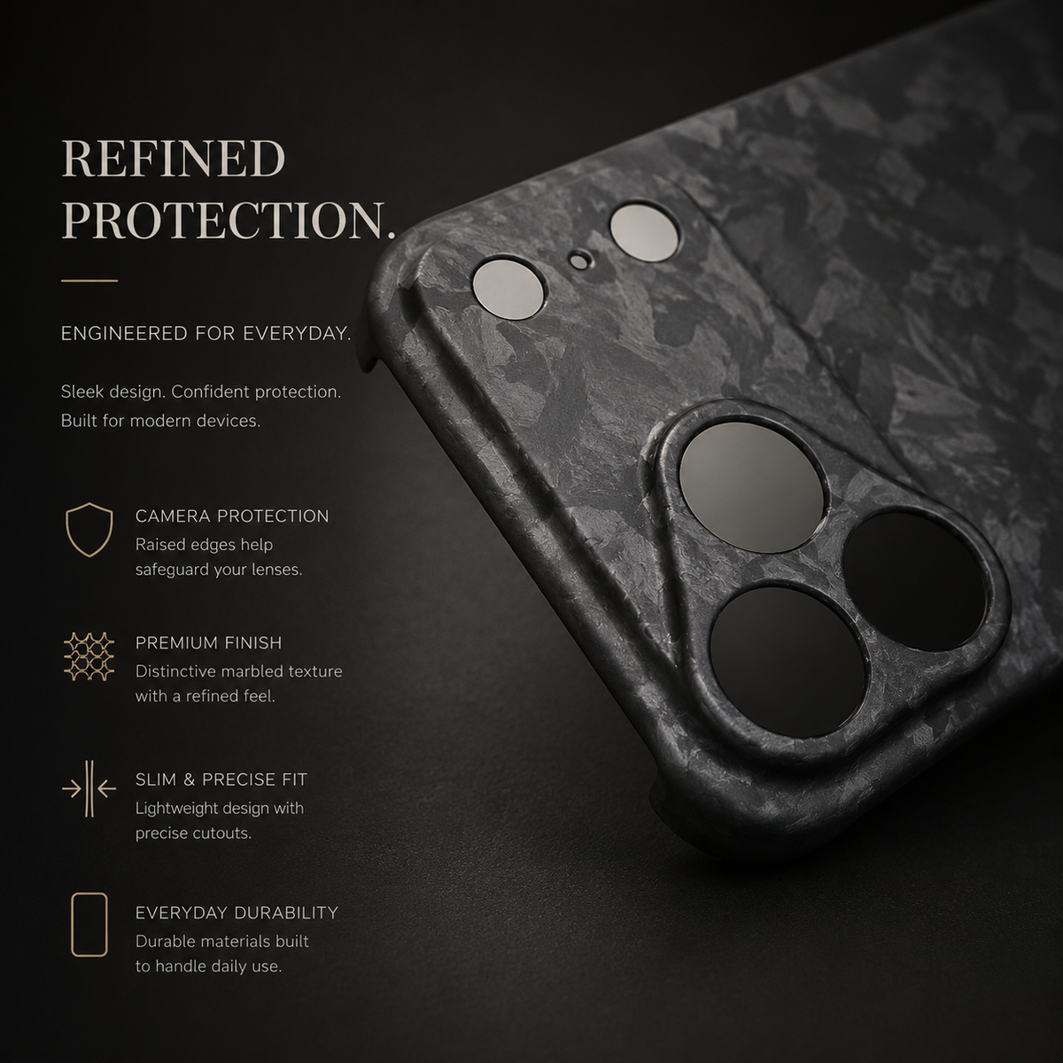 A close-up shows the raised camera panel and separate circular openings on a matte black shard-patterned case. Text advertises camera protection, a refined finish, slim fit and durability.
