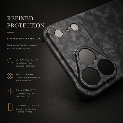 A close-up shows the raised camera panel and separate circular openings on a matte black shard-patterned case. Text advertises camera protection, a refined finish, slim fit and durability.