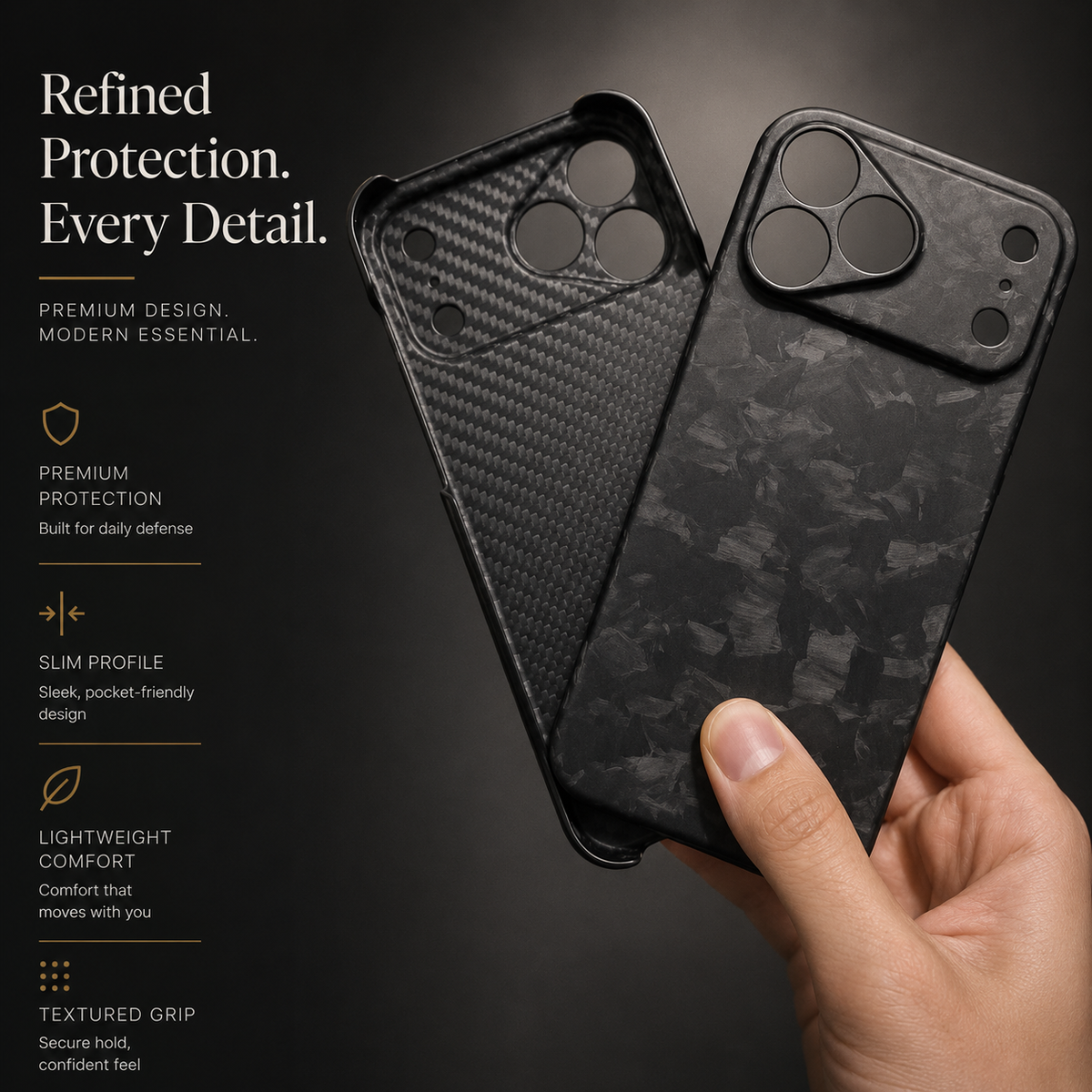 A hand holds two black cases with individual camera openings, showing a diagonal woven interior beside a matte shard-patterned outer back. Text advertises protection, a slim profile and textured grip.