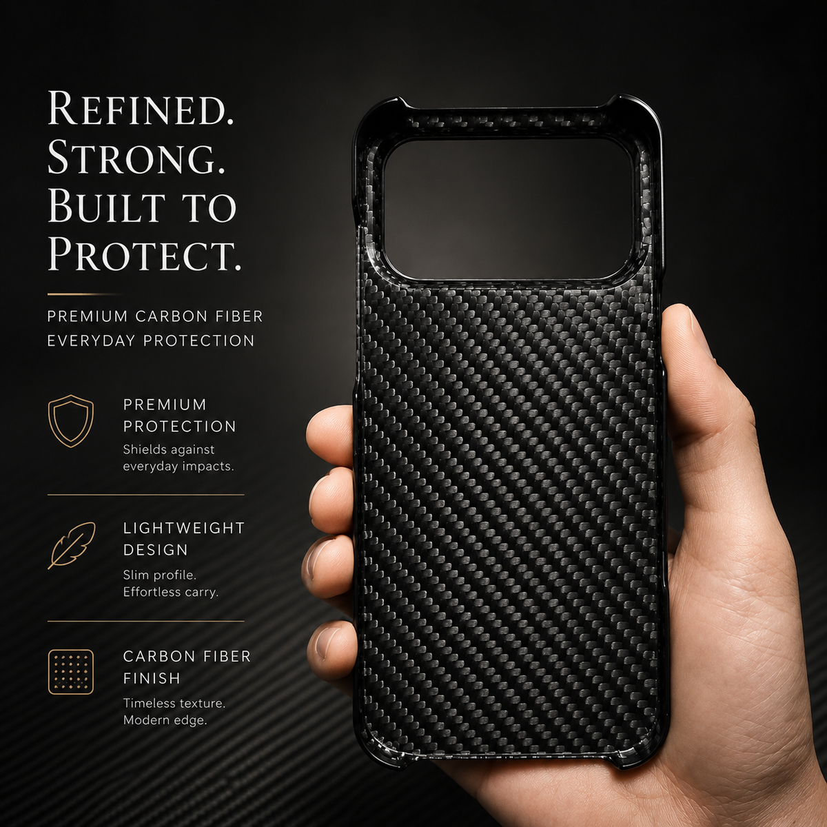 A hand holds a black diagonal woven case upright with a wide rectangular camera opening. Text advertises protection, light weight and a carbon-fiber finish.