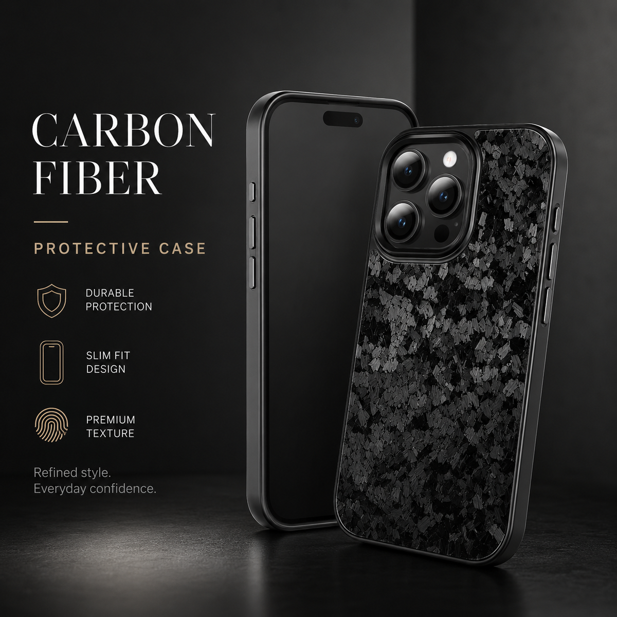 Front and rear views of a gray-flecked black case stand on a dark surface. The front screen is dark, while the rear shows its rounded camera surround. Text reads Carbon Fiber Protective Case, with labels for protection, fit and texture.