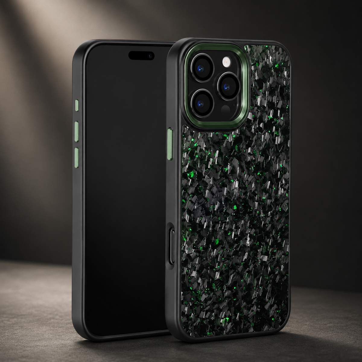 Front and rear views of a green-flecked black case stand against a softly lit gray background. Matching green button covers accent the black side frame, and raised borders surround the camera lenses.