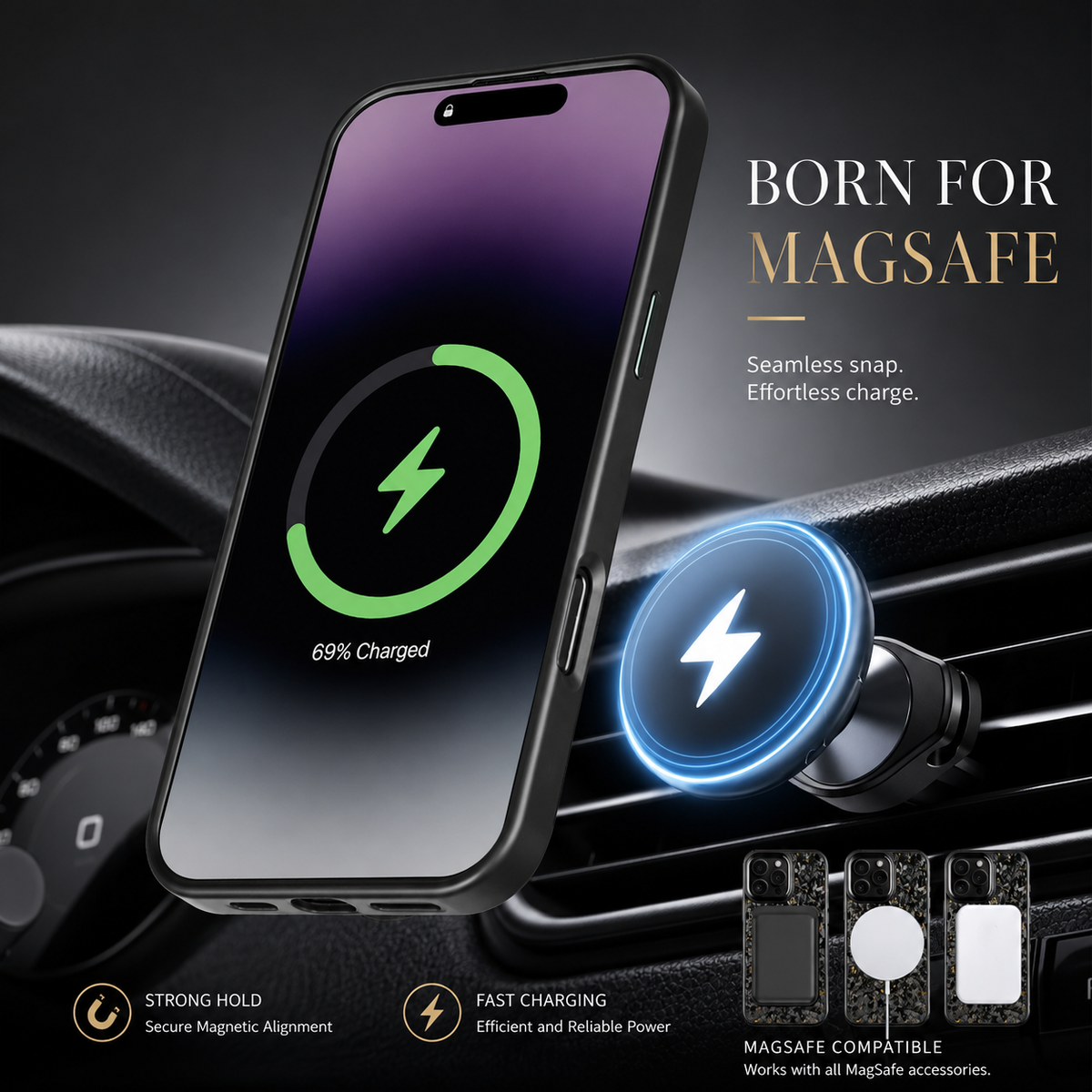 A phone stands on a car-vent mount with a green charging symbol on its purple screen. Blue light surrounds the circular mount. The heading reads Born for MagSafe, with labels for attachment and charging.