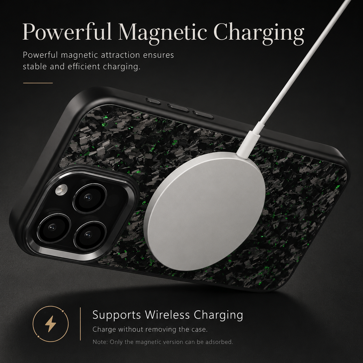 A green-flecked case lies horizontally on dark fabric with a white circular charging puck attached to its back. A white cable rises from the puck. The heading reads Powerful Magnetic Charging, with text about wireless charging.