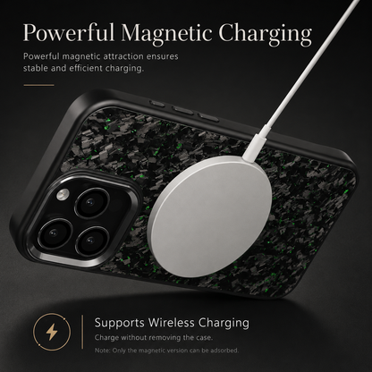 A green-flecked case lies horizontally on dark fabric with a white circular charging puck attached to its back. A white cable rises from the puck. The heading reads Powerful Magnetic Charging, with text about wireless charging.