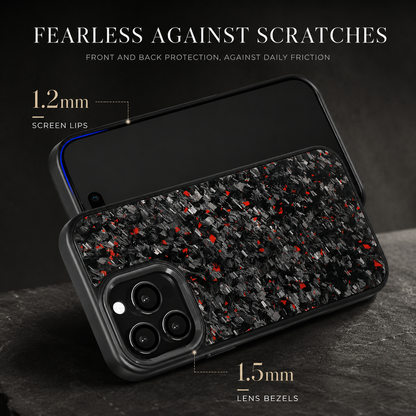 Front and rear views of a red-flecked case overlap on a dark surface. Measurement lines label screen lips as 1.2 mm and lens bezels as 1.5 mm. The heading reads Fearless Against Scratches.