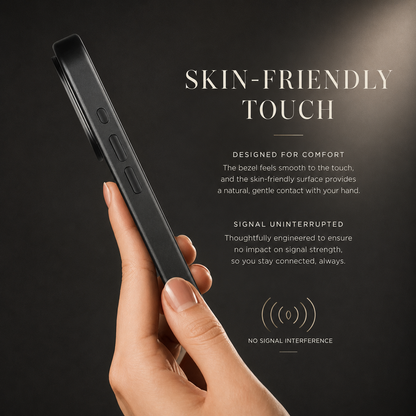 A hand holds a black case edge-on to show its narrow side frame and button openings. The heading reads Skin-Friendly Touch, with text about grip and uninterrupted signal.