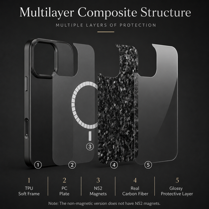 An exploded diagram separates a mottled black case into five aligned layers around a camera opening. Labels identify TPU, PC, magnets, carbon-fiber panel and glossy protective layer. The heading reads Multilayer Composite Structure.