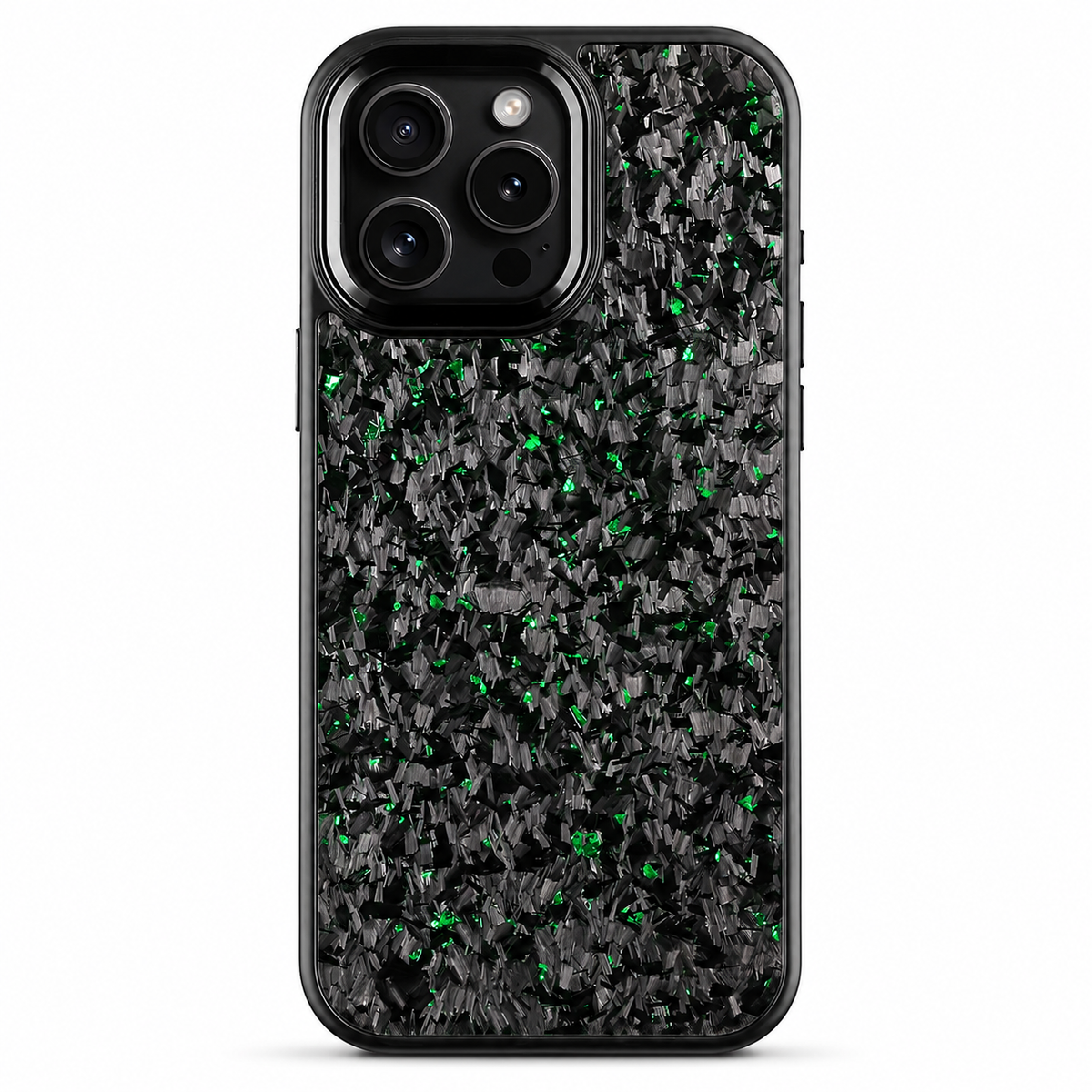 A black phone case stands upright on white. Irregular green flecks are scattered through a dark mottled pattern across the back. A smooth rounded black camera surround encloses three lenses, flash and sensor, and a narrow black rim outlines the case.