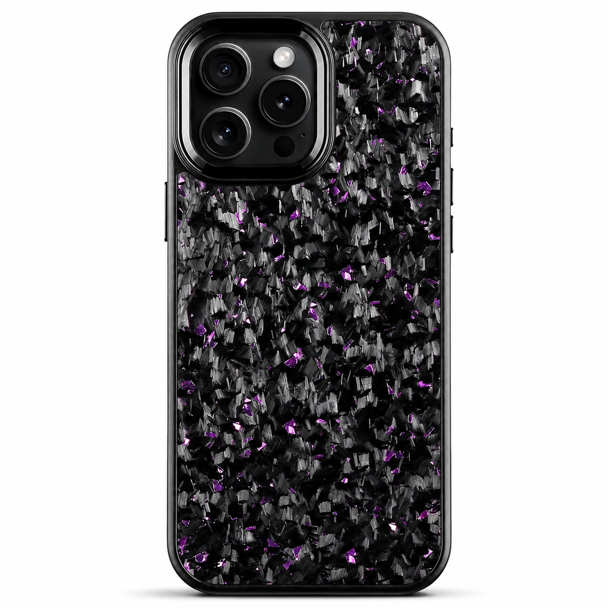 A black phone case stands upright on white. Irregular purple flecks are scattered through a dark mottled pattern across the back. A smooth rounded black camera surround encloses three lenses, flash and sensor, and a narrow black rim outlines the case.