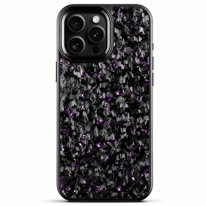 A black phone case stands upright on white. Irregular purple flecks are scattered through a dark mottled pattern across the back. A smooth rounded black camera surround encloses three lenses, flash and sensor, and a narrow black rim outlines the case.