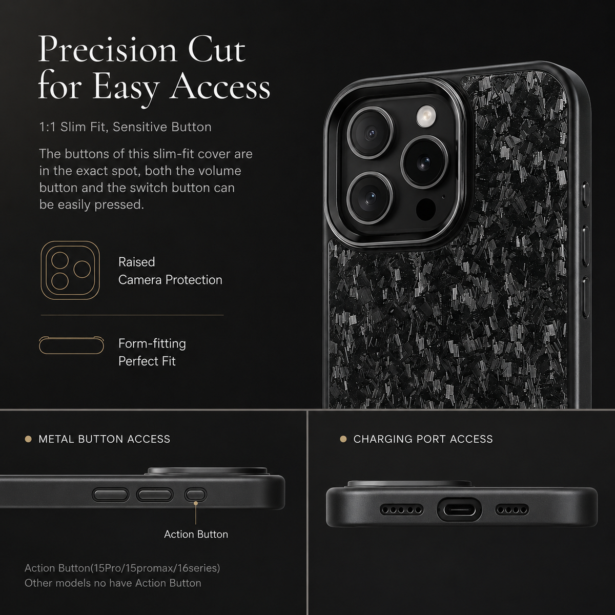 Close rear and side views of a black mottled case highlight its raised camera surround, side button openings and bottom charging cutout. The heading reads Precision Cut for Easy Access, with labels for camera protection and fit.