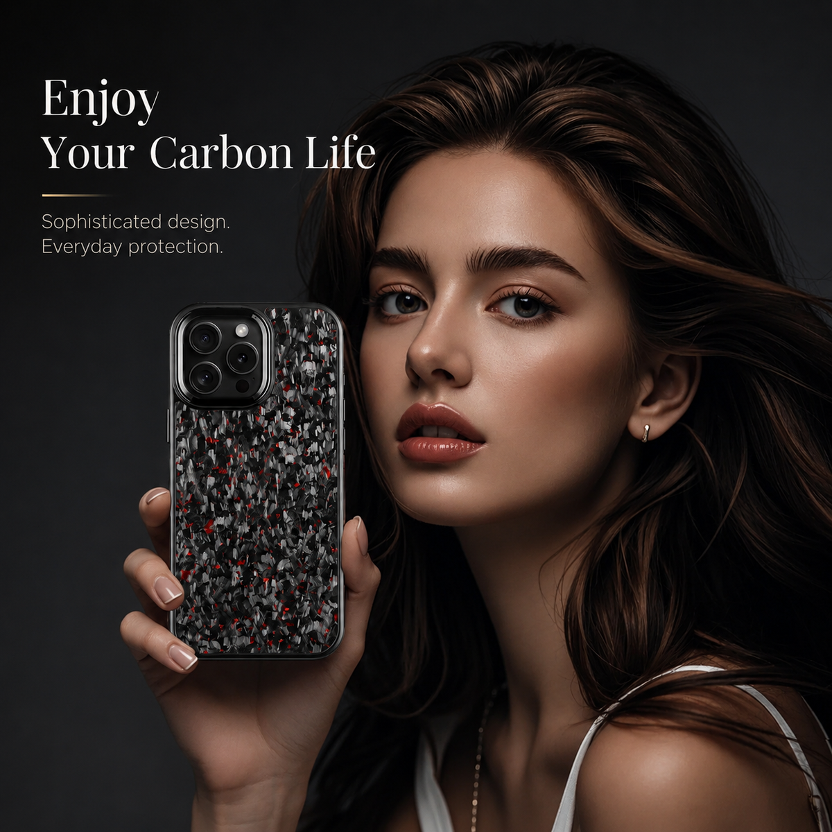 A woman holds a black mottled case with red flecks beside her face against a dark backdrop. Its camera opening sits above the textured-looking back. Text reads Enjoy Your Carbon Life, followed by design and protection wording.