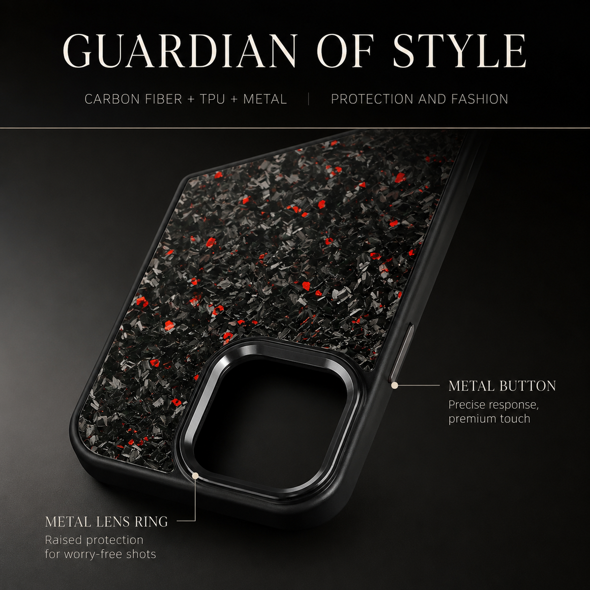 An empty black case with red flecks lies diagonally against black. Its large camera opening has a smooth dark metal-looking rim; side buttons are visible. Text reads Guardian of Style and Carbon Fiber + TPU + Metal.