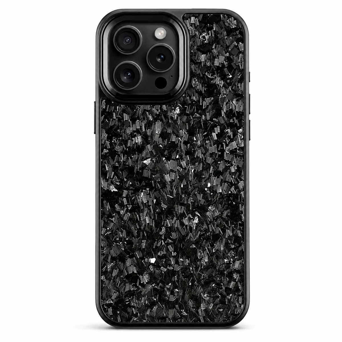 A black phone case stands upright on white. Irregular gray flecks are scattered through a dark mottled pattern across the back. A smooth rounded black camera surround encloses three lenses, flash and sensor, and a narrow black rim outlines the case.