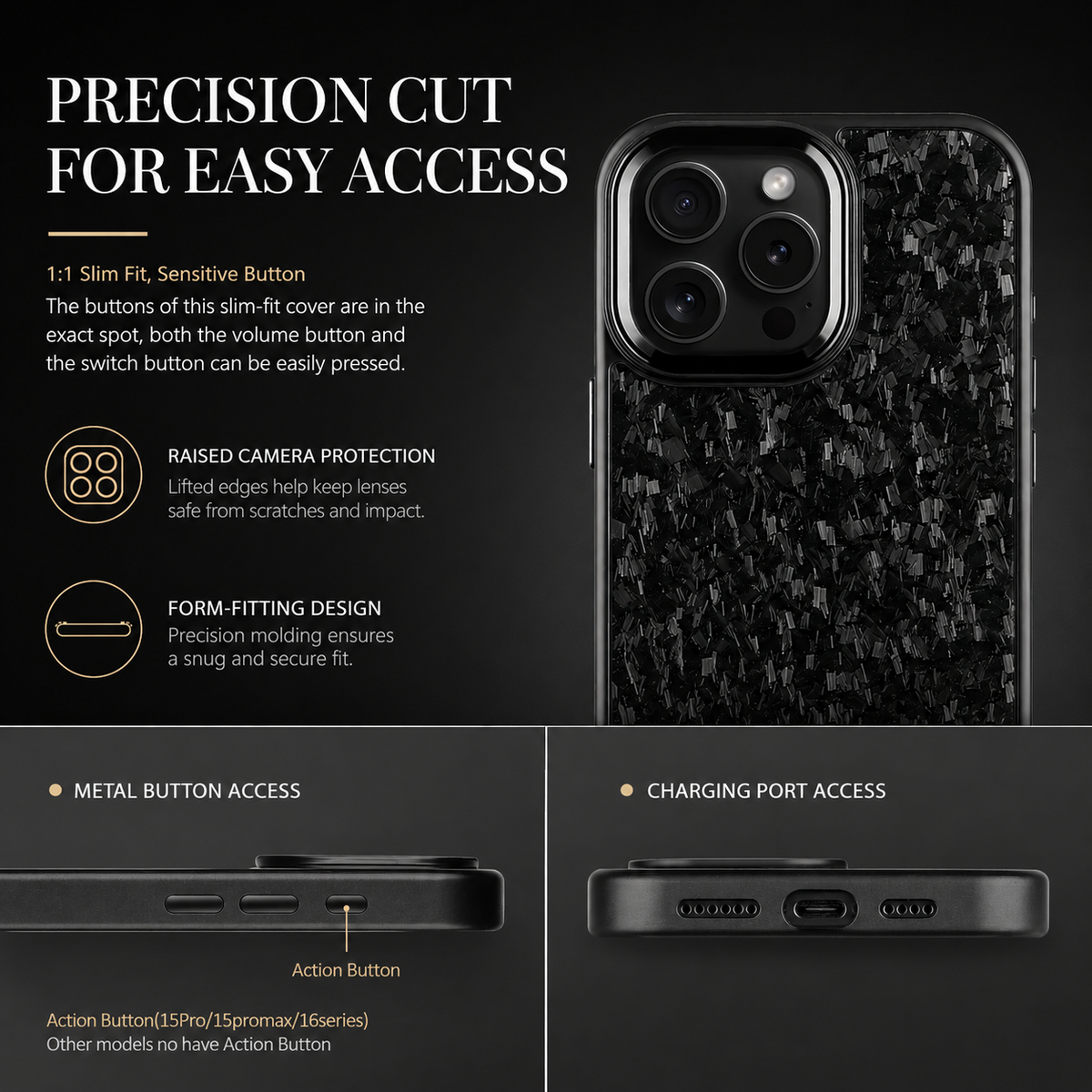A dark infographic shows the upper rear portion of a mottled black phone case beneath 'Precision Cut for Easy Access.' Three camera lenses occupy a raised surround beside protection and fit captions. Two lower panels show a narrow side view labeled for metal-button access and a bottom view showing the charging port and speaker openings.