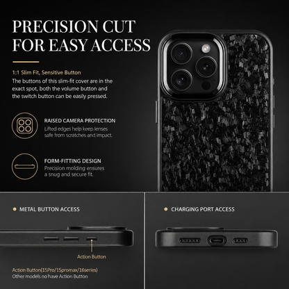 A dark infographic shows the upper rear portion of a mottled black phone case beneath 'Precision Cut for Easy Access.' Three camera lenses occupy a raised surround beside protection and fit captions. Two lower panels show a narrow side view labeled for metal-button access and a bottom view showing the charging port and speaker openings.
