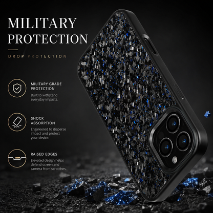 A blue-flecked black phone case is illustrated tilted onto its corner amid scattered dark and blue fragments. The patterned back faces forward, with a raised three-lens camera surround at the lower end of the image. The heading reads 'Military Protection,' with three feature icons at left.