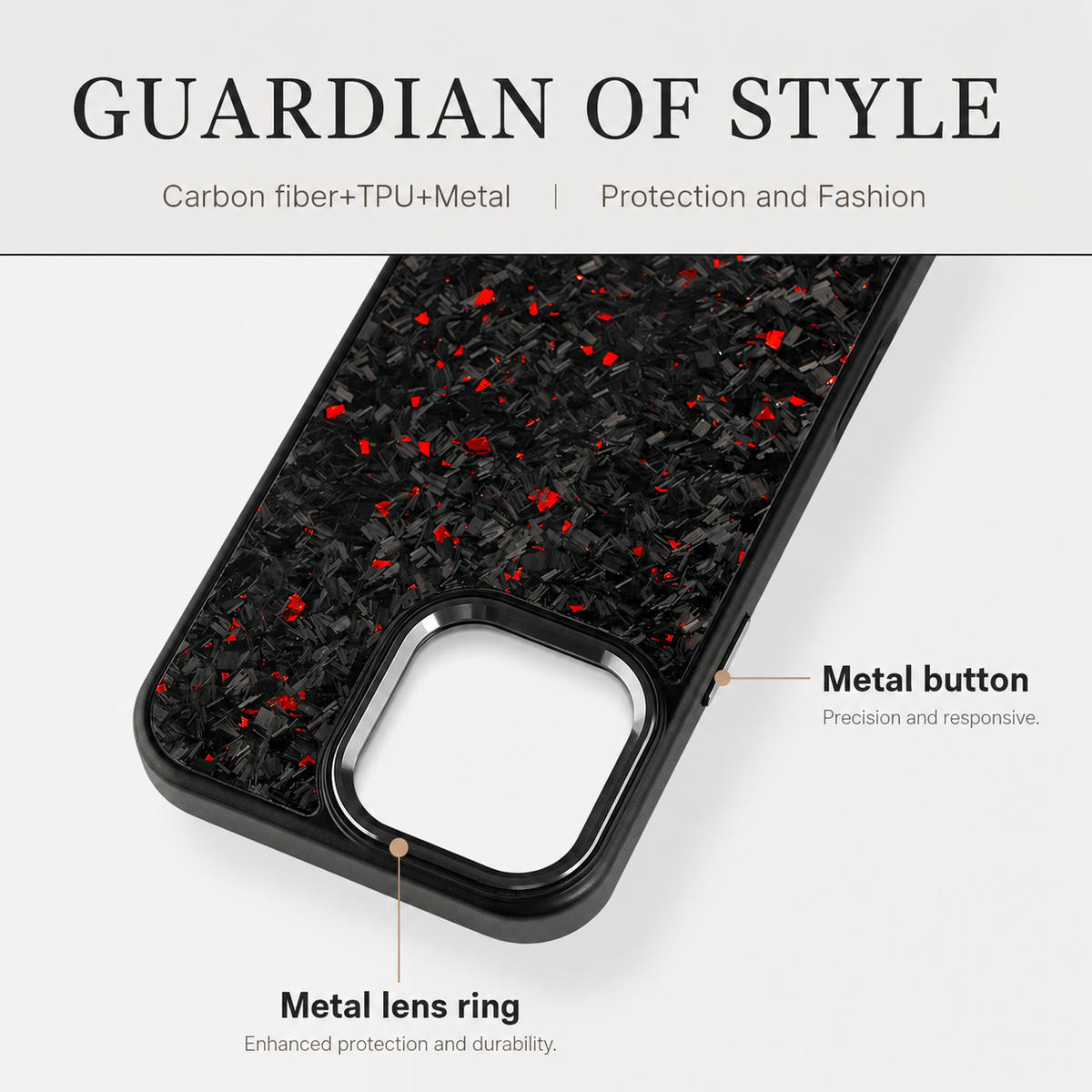 A black phone case with scattered gray and red flecks lies diagonally with its patterned back facing the viewer on a pale background. The large square camera opening near the lower left has a reflective metallic-looking rim, and a separate side button appears along the edge. Leader lines identify Metal Button and Metal Lens Ring beneath the heading Guardian of Style.