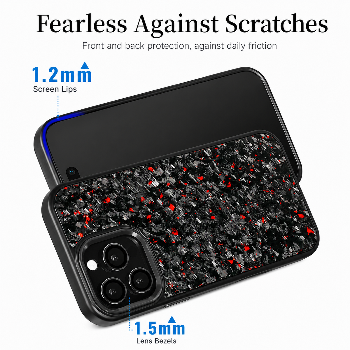 A pale raised-edge diagram shows front and rear views of a red-flecked black phone case overlapping diagonally. Blue arrows identify a 1.2 mm screen lip and 1.5 mm lens bezel. Three rear camera lenses occupy the near corner of the patterned back. The heading reads 'Fearless Against Scratches.'