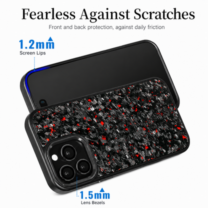 A pale raised-edge diagram shows front and rear views of a red-flecked black phone case overlapping diagonally. Blue arrows identify a 1.2 mm screen lip and 1.5 mm lens bezel. Three rear camera lenses occupy the near corner of the patterned back. The heading reads 'Fearless Against Scratches.'