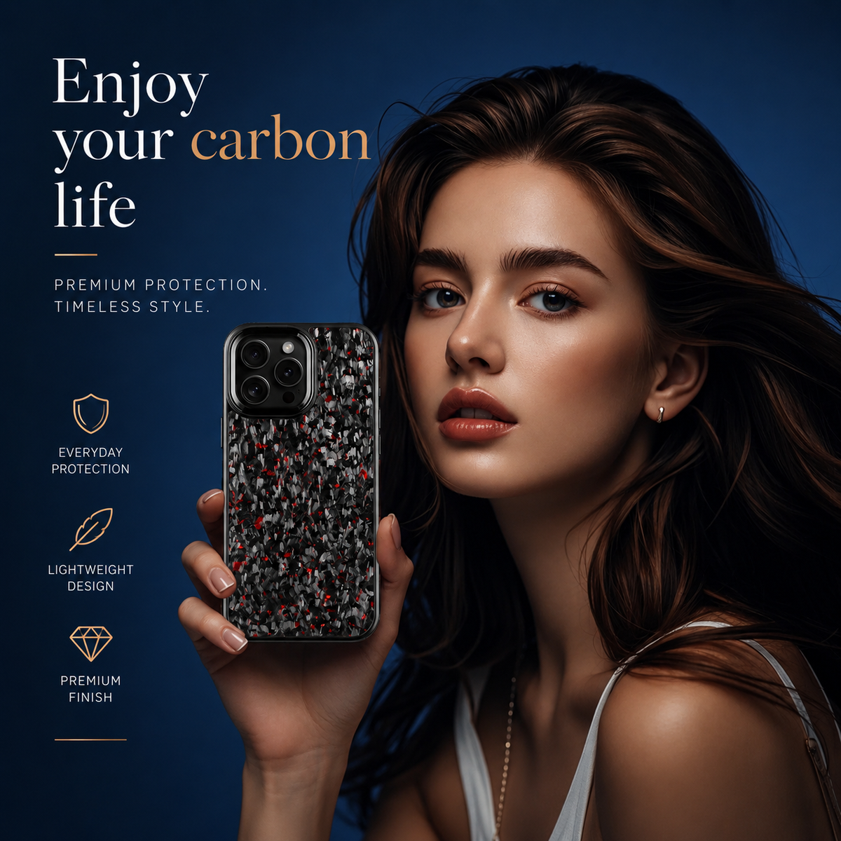 A woman with long dark brown hair holds a red-flecked black phone upright beside her face against a deep blue background. The rear case and three-lens camera surround face the viewer, while she looks toward the camera. Text at left reads 'Enjoy Your Carbon Life,' above three small feature icons.
