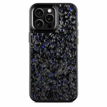 A black phone case stands upright on a white background. Its back has an irregular gray-and-black fragmented pattern scattered with small blue accents. Three rear camera lenses sit inside a raised black surround edged in silver color at the upper left. Smooth rounded black borders frame the patterned panel.