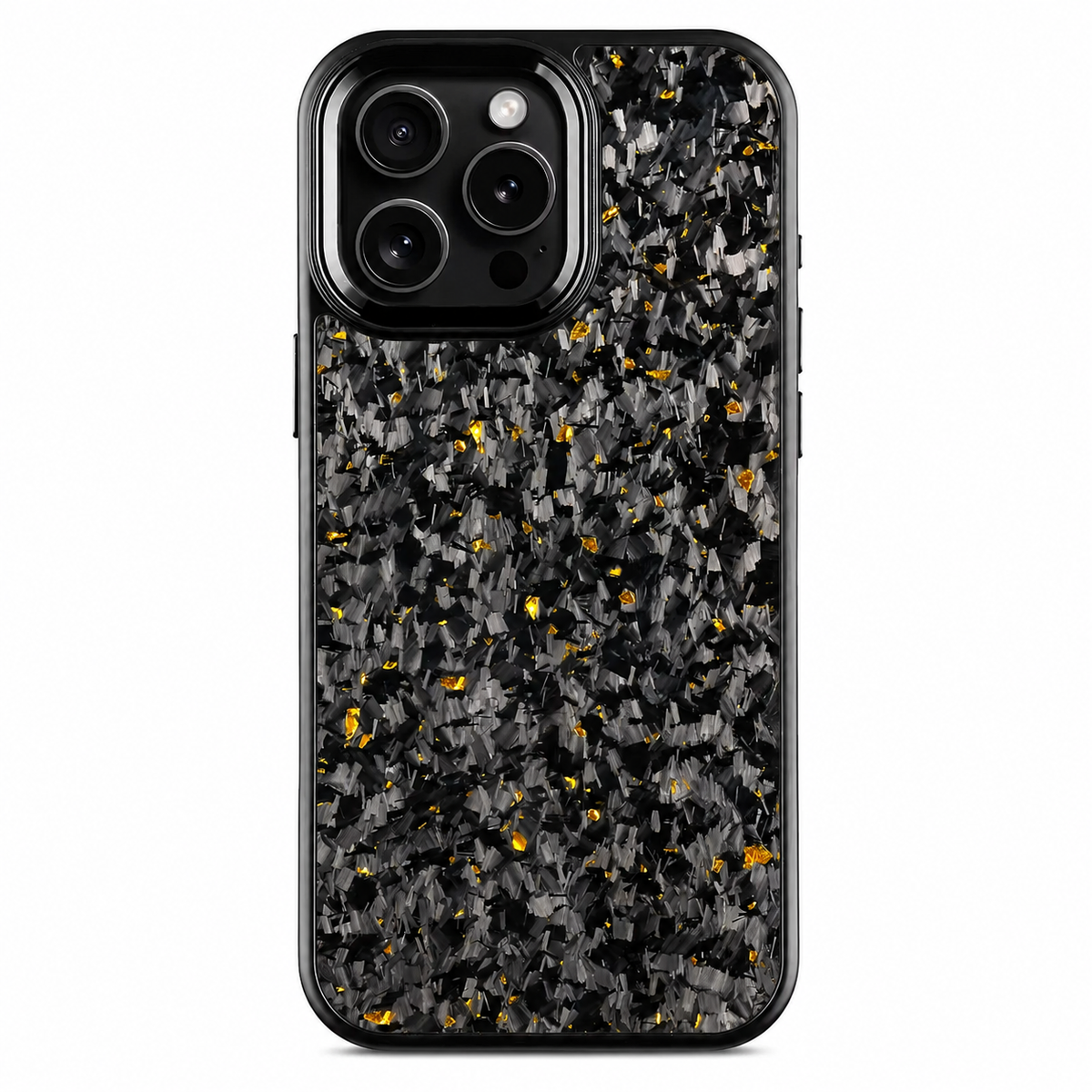 A black phone stands upright against a white background, showing a mottled gray-and-black case with scattered yellow flecks. A raised rectangular camera surround with a silver-colored edge frames three rear lenses at the upper left. The case has smooth rounded black borders and an otherwise uninterrupted patterned back.