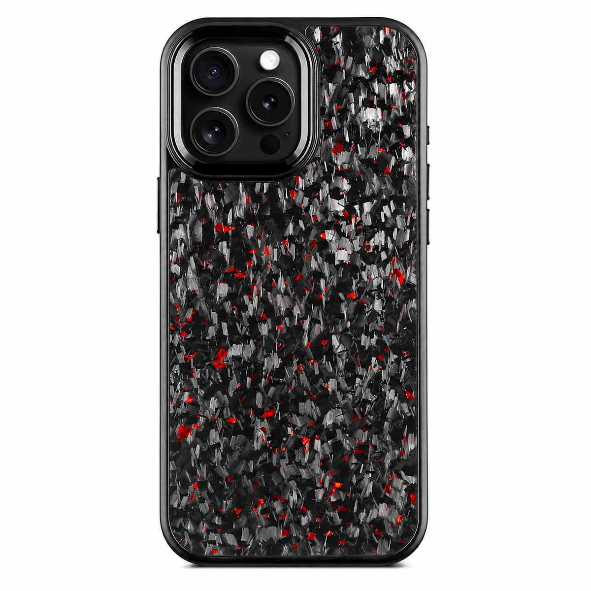 A black phone case stands upright against a white background. Irregular gray-and-black fragments and small red flecks cover the back inside a rounded black border. Three rear lenses sit within a raised black rectangular surround with a narrow silver-colored edge at the upper left.