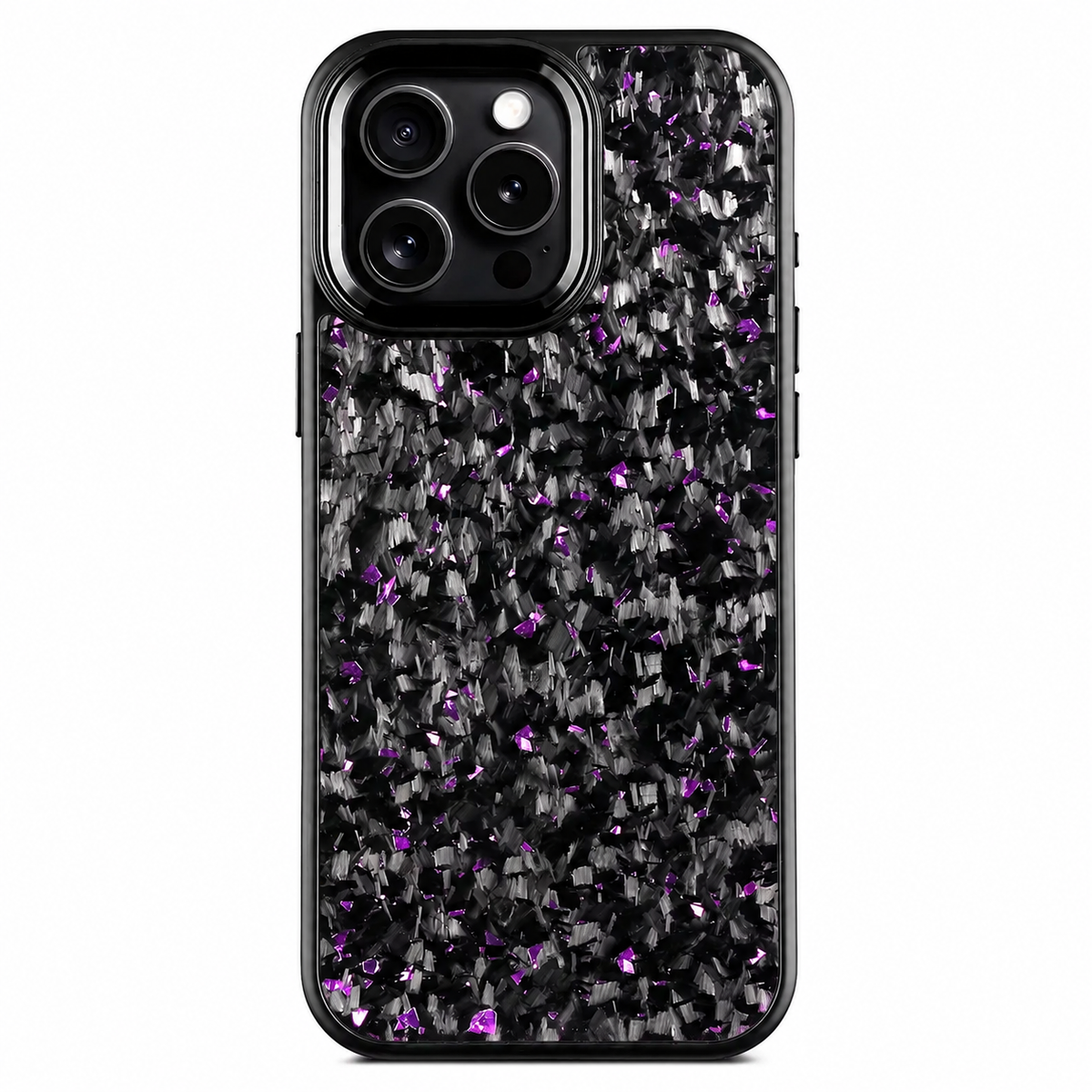 A black phone stands upright on a white background with its rear facing forward. The case has a fragmented gray-and-black pattern dotted with purple flecks. Three camera lenses sit within a raised black surround edged in silver color at the upper left, above the smoothly rounded outer border.