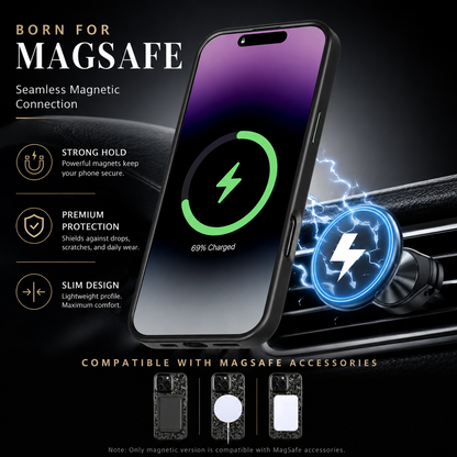 A phone with a purple-and-gray screen is shown tilted toward a circular magnetic car mount on a dark background. A green charging symbol overlays the screen, while blue electrical graphics surround the mount. Text reads 'Born for MagSafe,' with three feature icons at left and examples of magnetic accessories along the bottom.