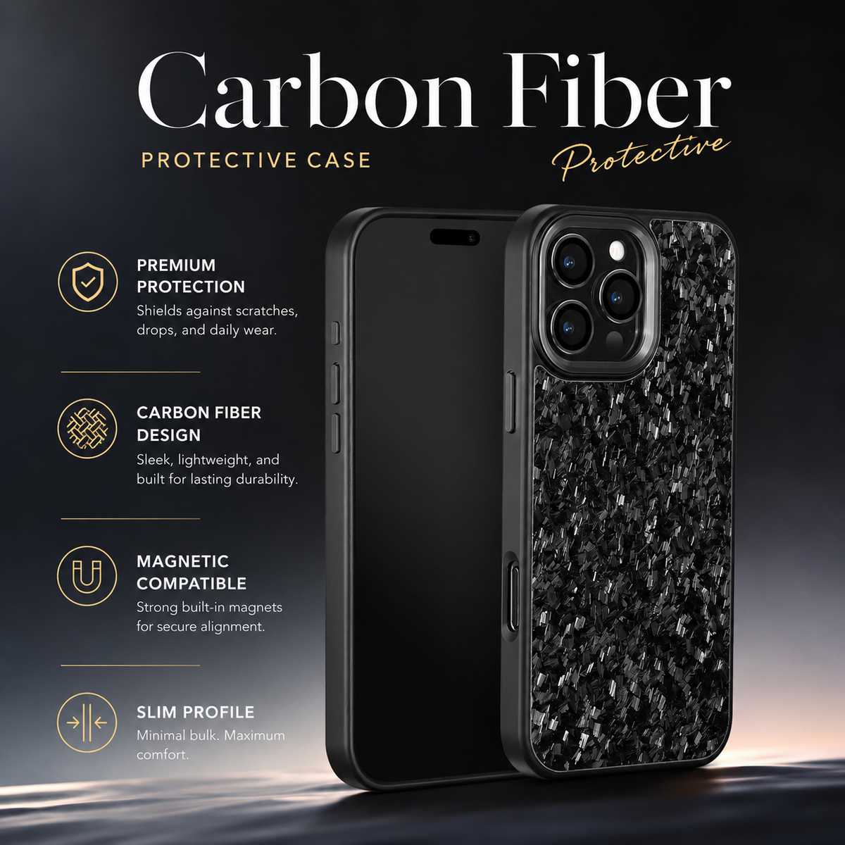 Rear and front views of a phone stand side by side on a softly lit gray display. The rear case has a mottled black-and-gray pattern and a raised three-lens camera surround, while the front screen is dark. Large text reads 'Carbon Fiber' and 'Protective Case,' with four feature icons at left.