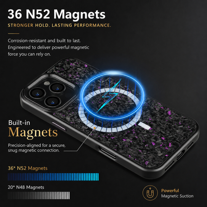 A purple-flecked black phone case lies diagonally on a dark surface. An illustrated segmented magnetic ring glows blue above the center of the back, with three rear lenses visible at the upper end. The heading reads '36 N52 Magnets,' and a lower bar graphic compares labeled N52 and N48 magnet arrangements.