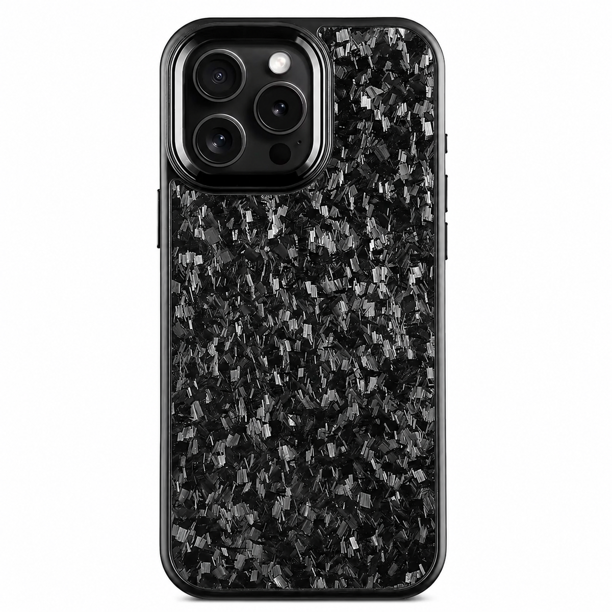 A black phone stands upright against a white background with its rear facing the viewer. Irregular gray and black fragments form a mottled pattern across the case's back. A black raised rectangular surround with a silver-colored edge frames three camera lenses at the upper left, and rounded black borders outline the case.